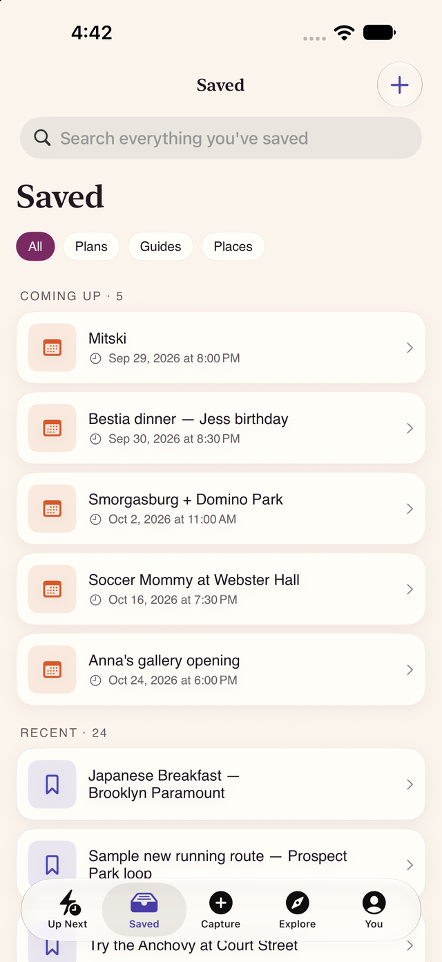 Plumly's Saved screen with a search bar, filters for Plans, Guides and Places, a Coming Up list of dated events, and a Recent list of saves.